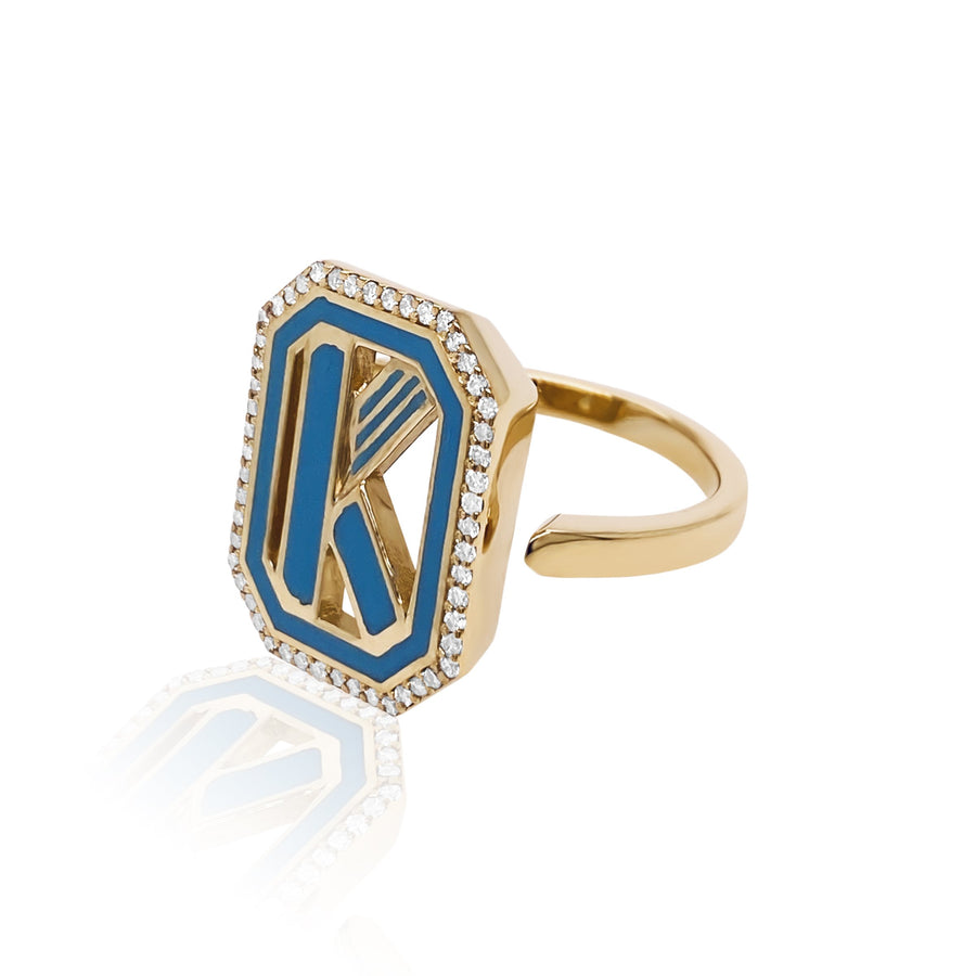 Gatsby Initial Ring with Diamonds - Fifteen Colors