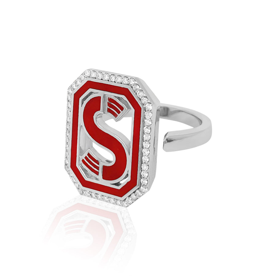 Gatsby Initial Ring with Diamonds - Fifteen Colors